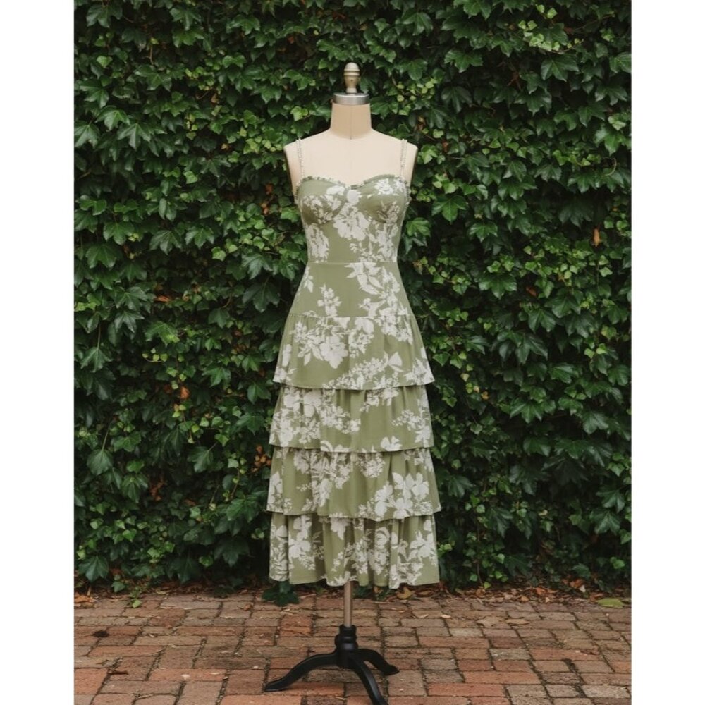 NWT Reformation Kesia in Willow Floral Tie Strap Georgette Tiered Midi Dress 12